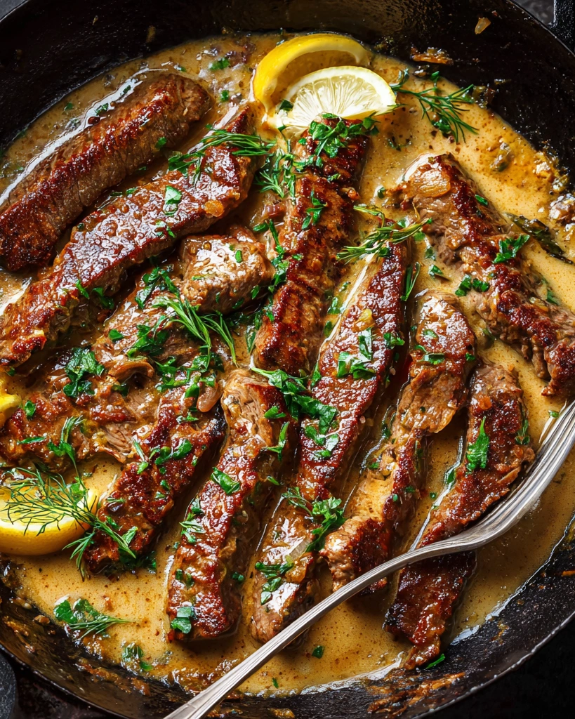 A pan-seared steak in a butter sauce.