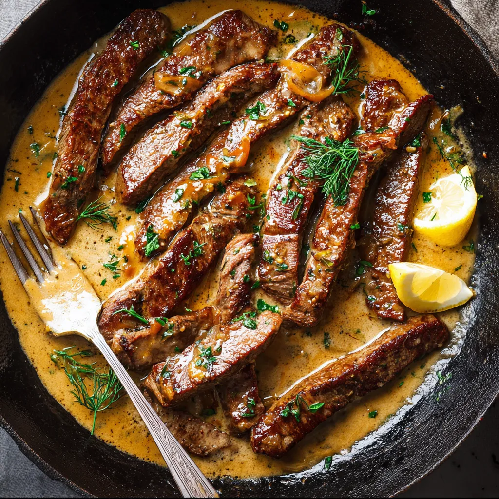 A pan-seared steak in a butter sauce.