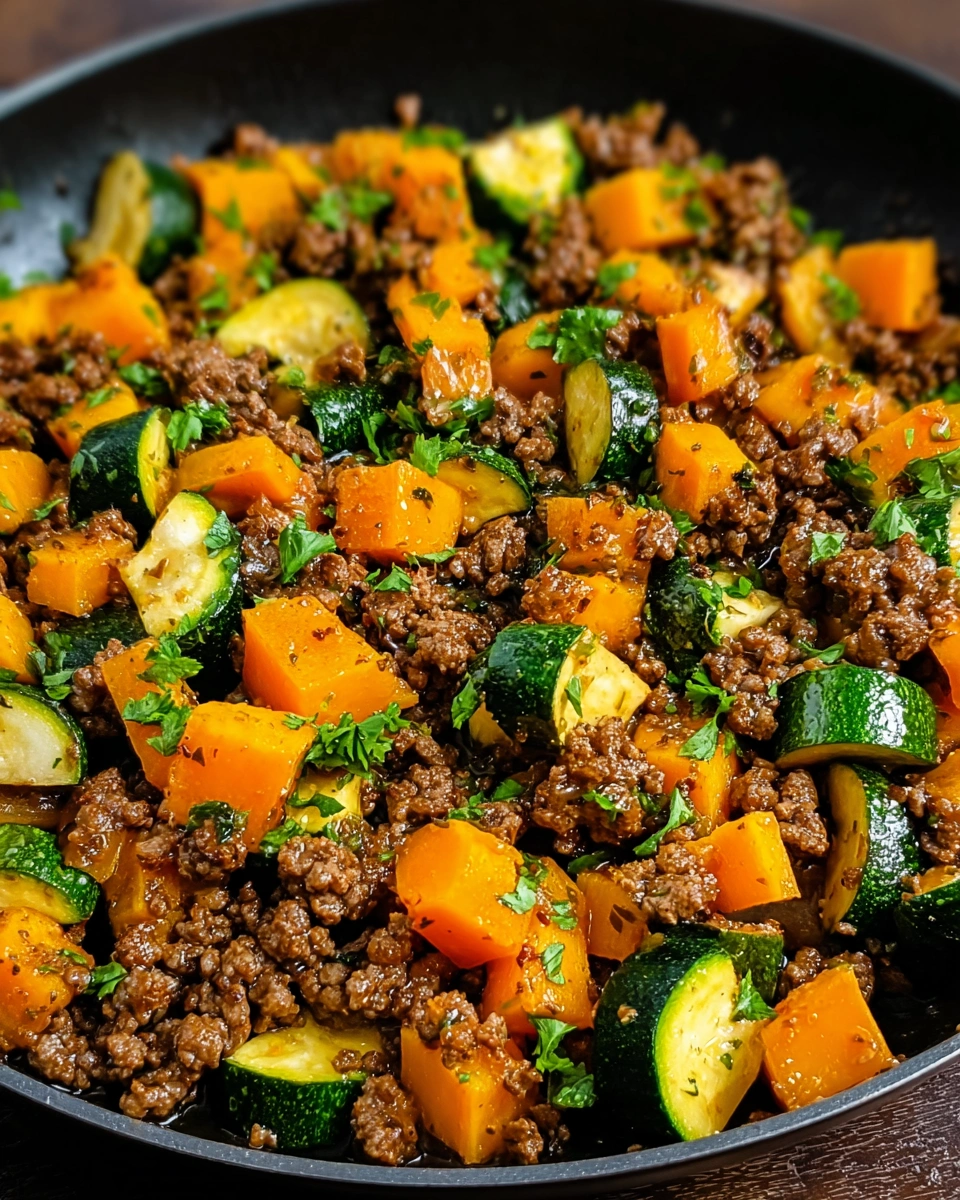 A skillet of ground beef, sweet potatoes, and zucchini.