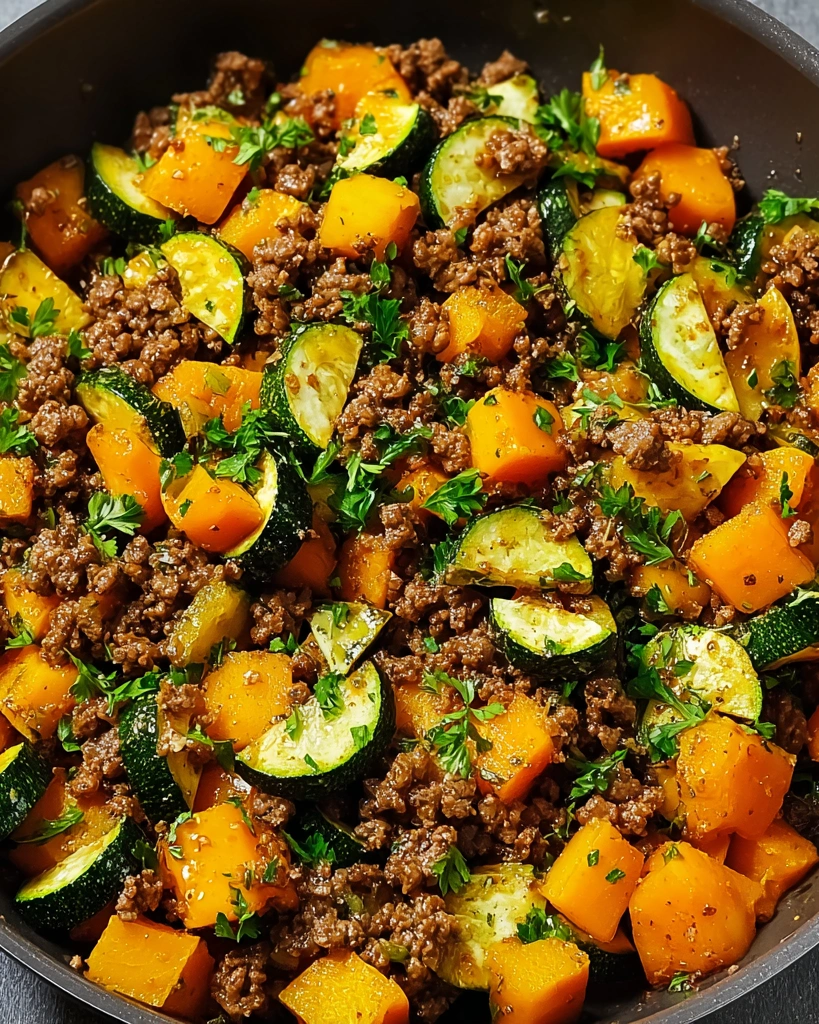 A skillet full of ground beef, sweet potatoes, and zucchini.