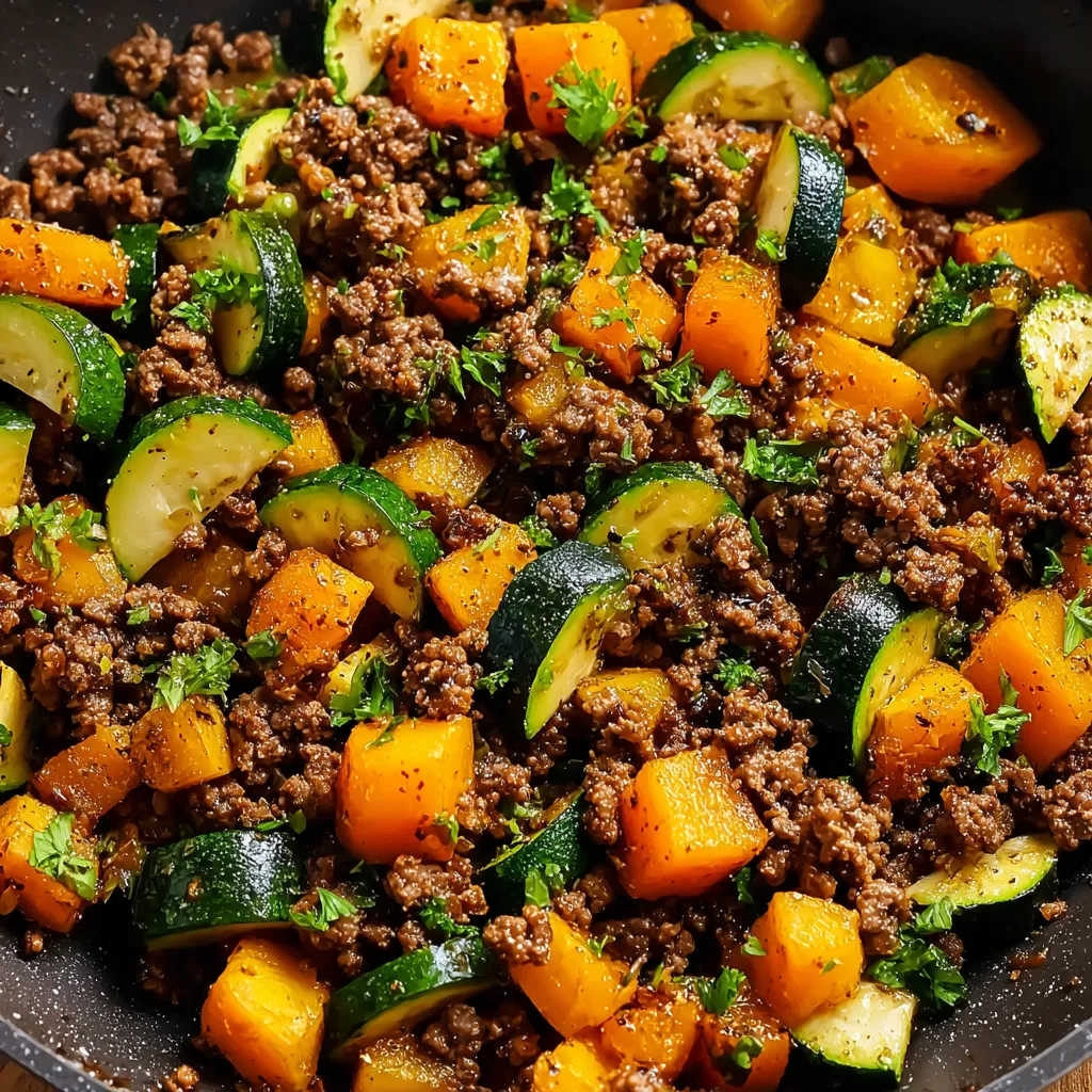 A skillet of ground beef with sweet potatoes and zucchini.