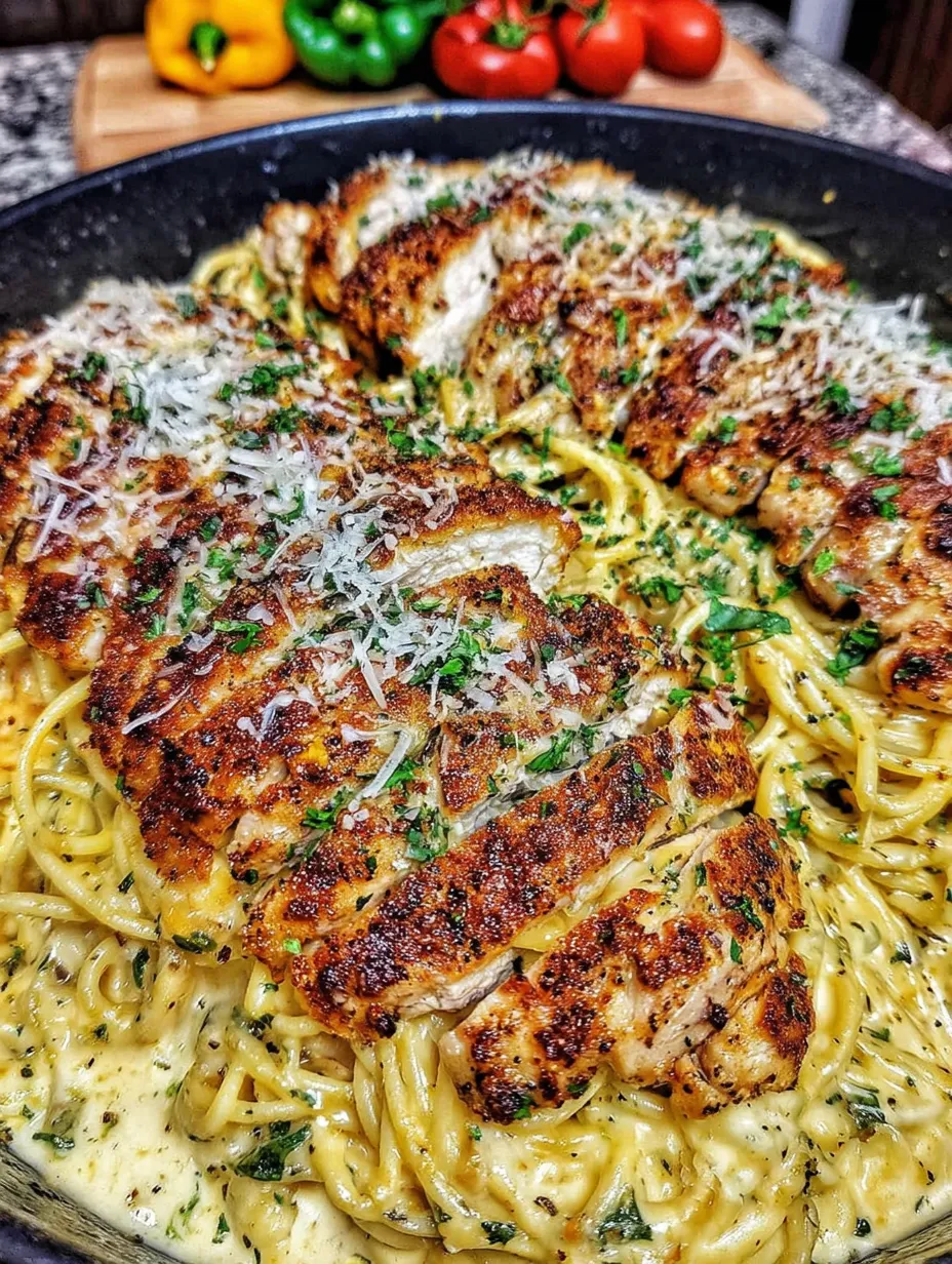 A plate of chicken and noodles with Parmesan cheese.
