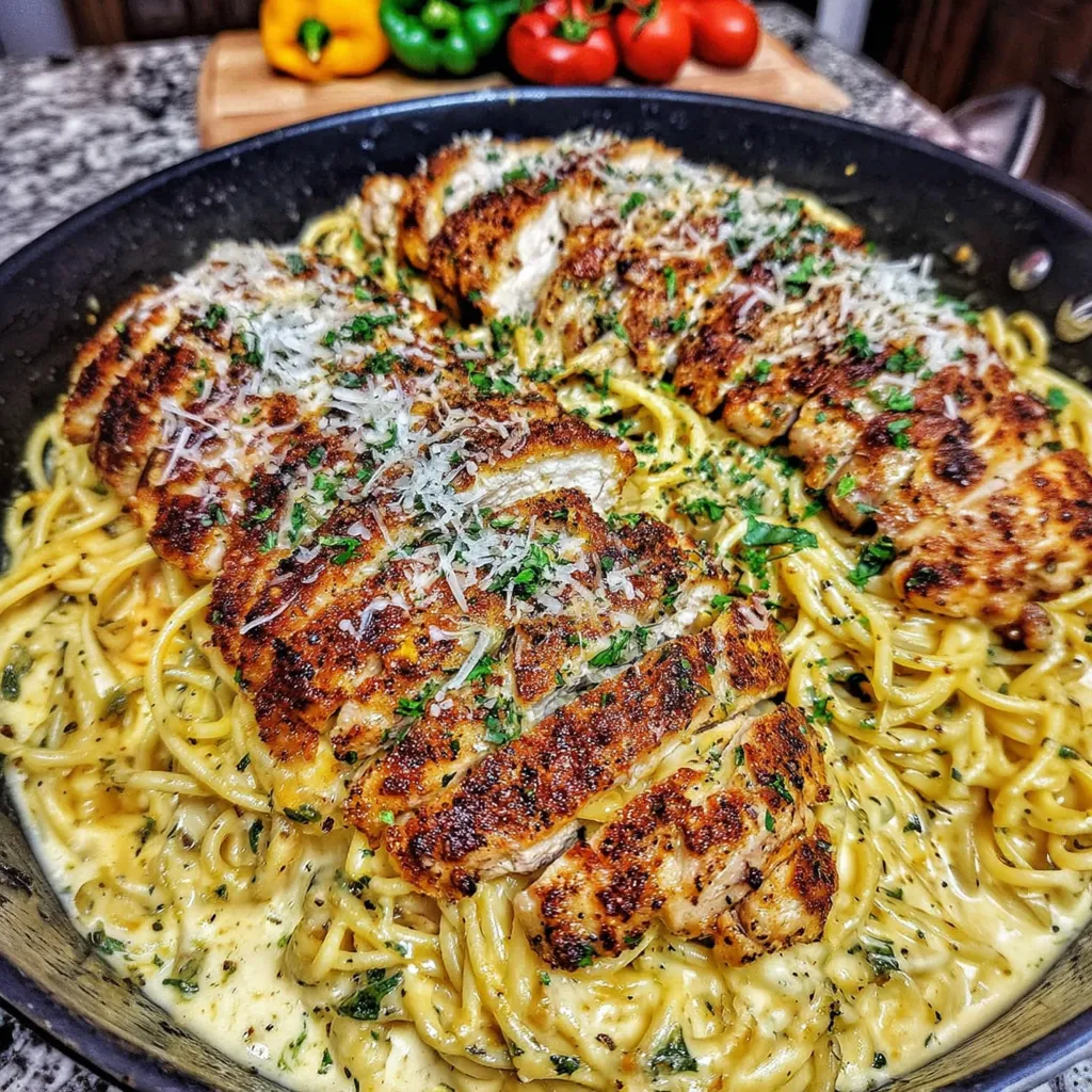A plate of garlic Parmesan chicken spaghetti in spicy Cajun cream sauce.