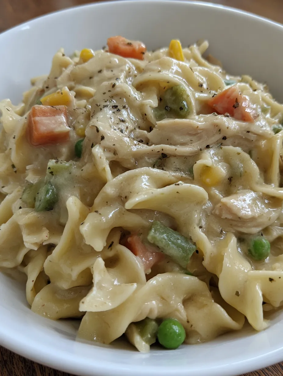 A bowl of pasta with chicken and vegetables.