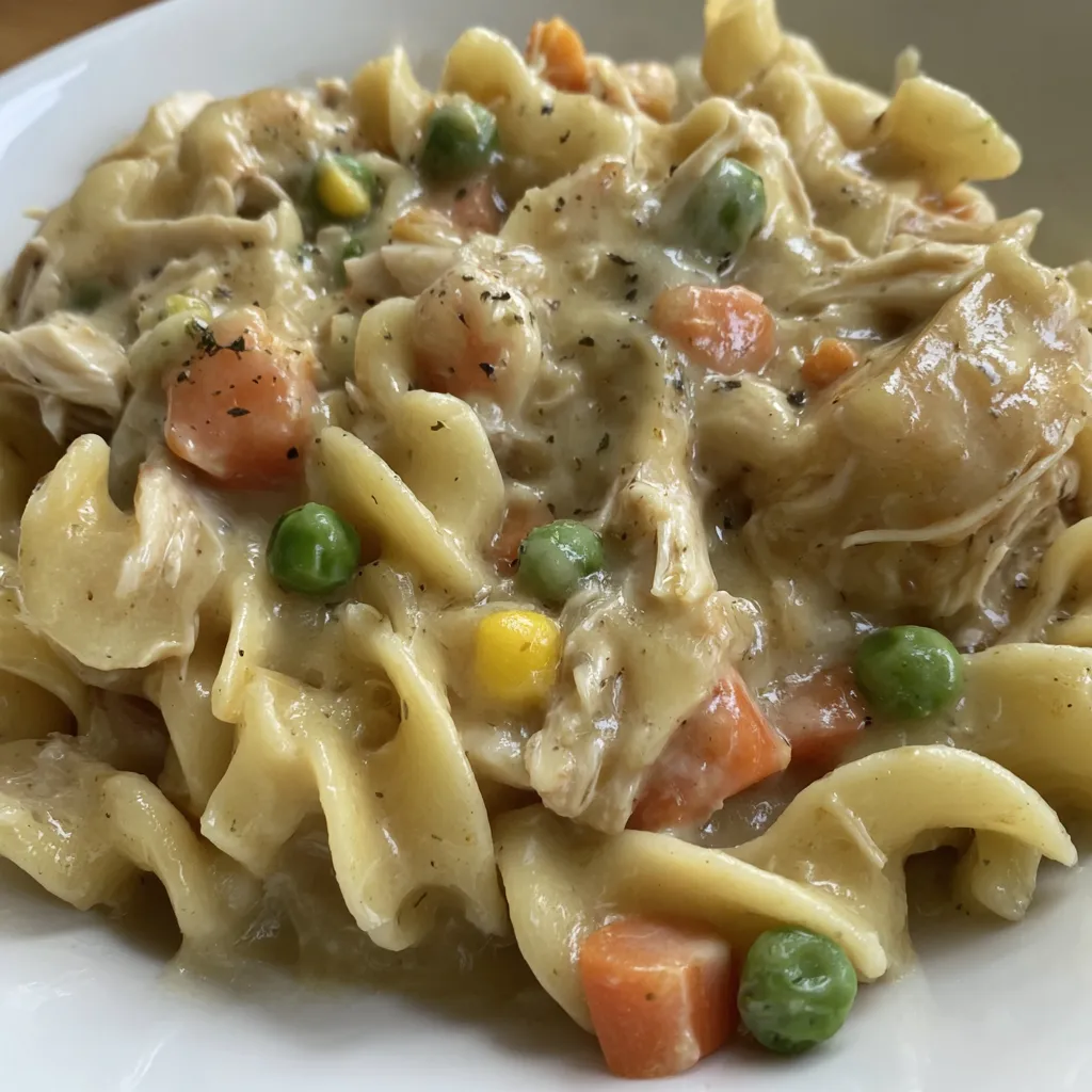 A plate of food with chicken, peas, and noodles.