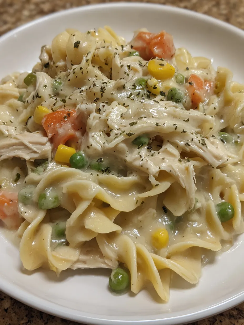 A plate of pasta with chicken and peas.