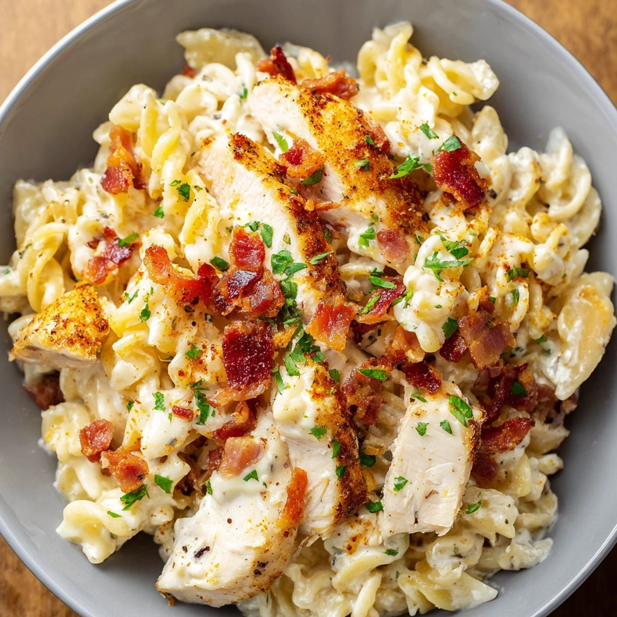 A bowl of chicken bacon ranch pasta.