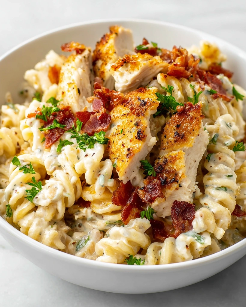 A bowl of chicken bacon ranch pasta.