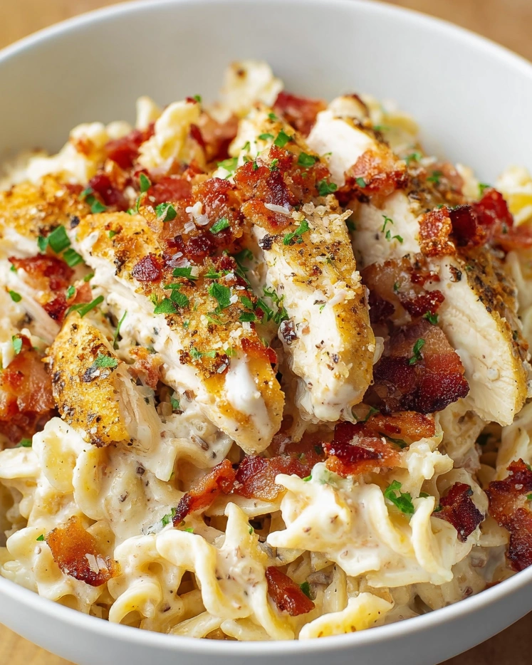 A bowl of chicken bacon ranch pasta.