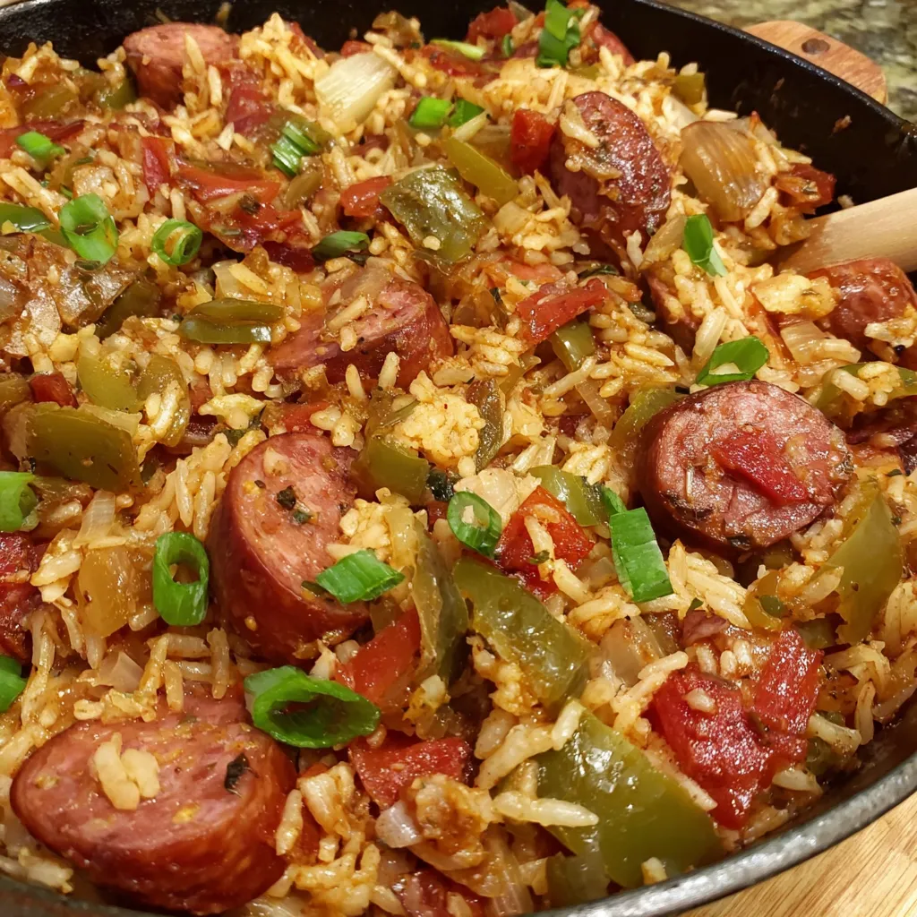 A one pot Cajun smoked sausage and rice dish.