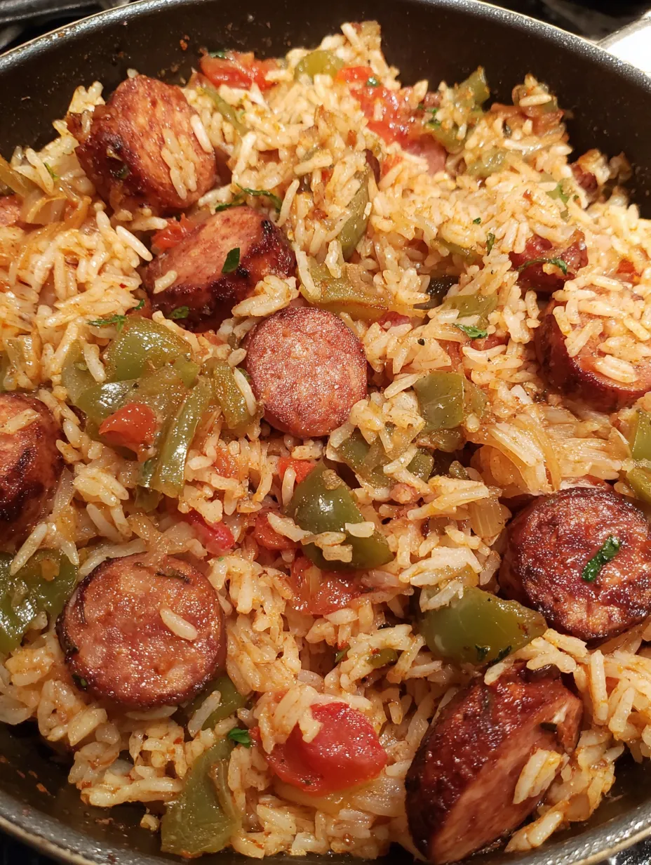 A close up of a dish with rice and sausage.