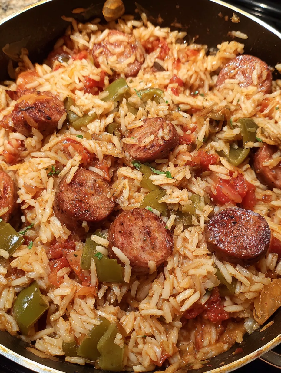 A dish of rice and sausage.