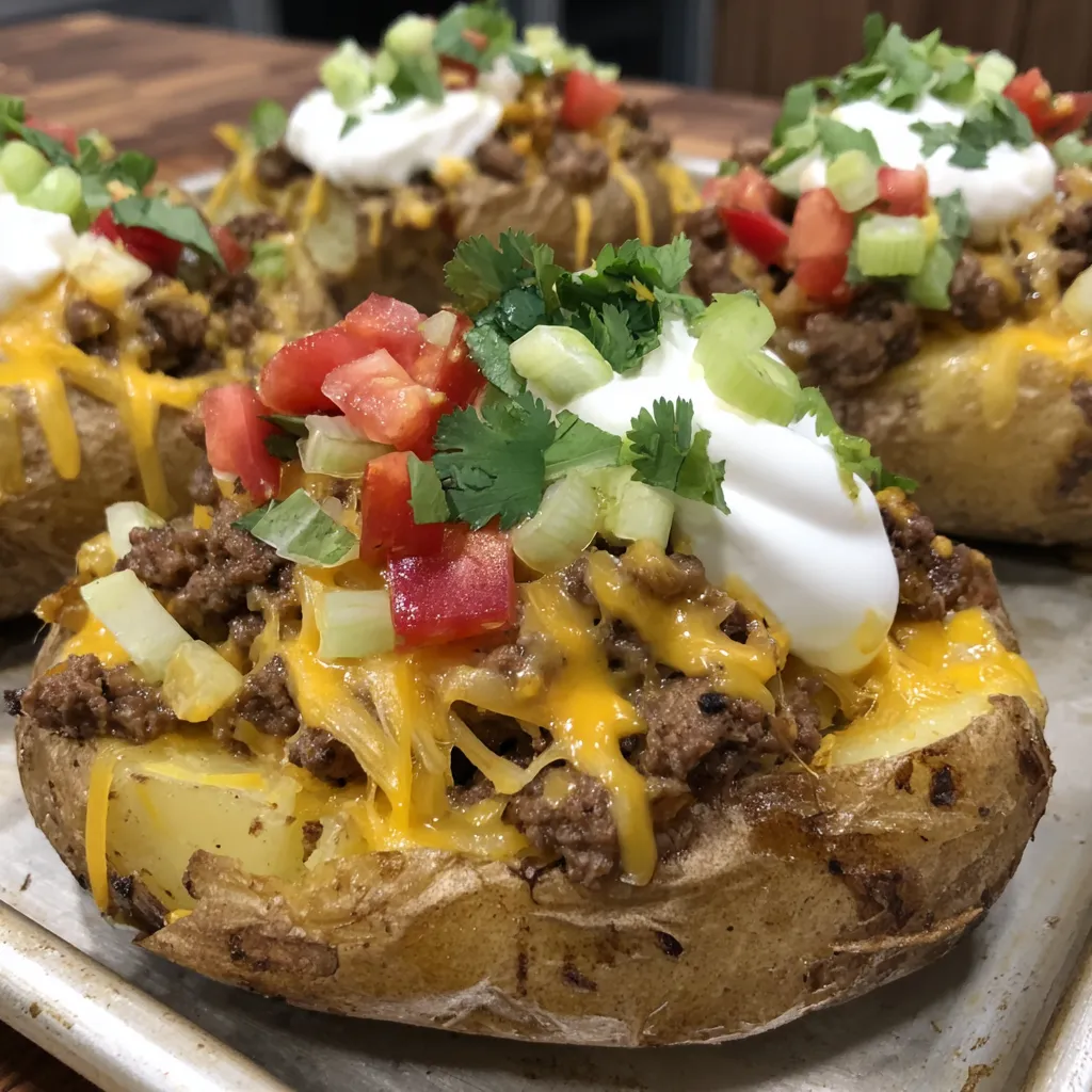 Two baked potatoes with taco stuffing on top.