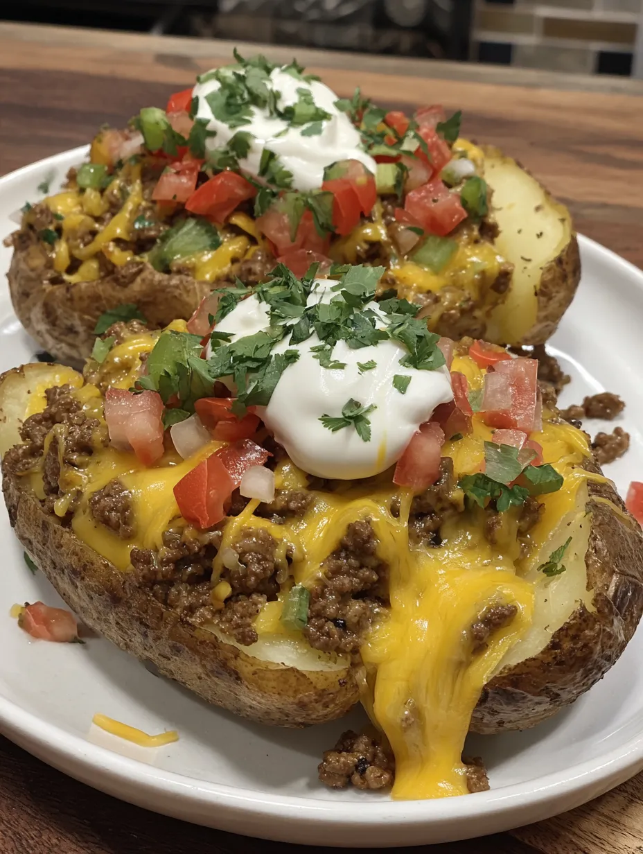 Two baked potatoes with taco stuffing.