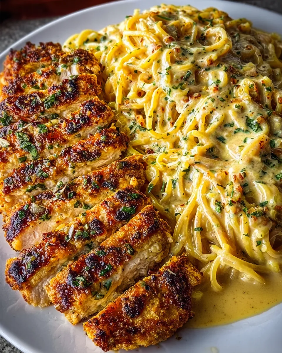 A plate of food with garlic Parmesan chicken and spaghetti in a spicy Cajun cream sauce.