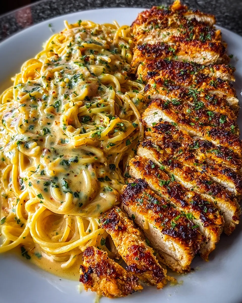 A plate of food with garlic Parmesan chicken and spaghetti in spicy Cajun cream sauce.