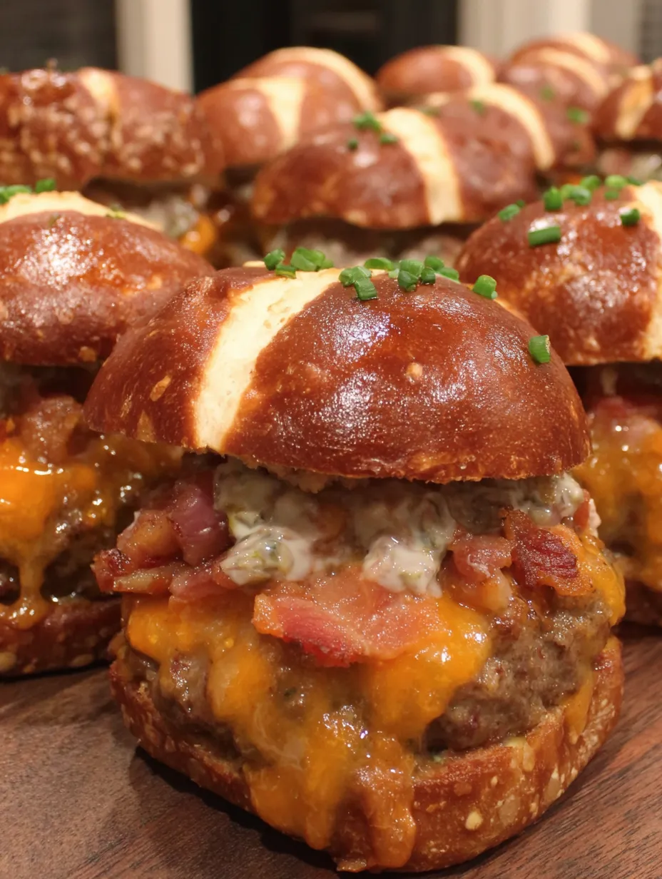 Bacon cheeseburger sliders on pretzel buns.