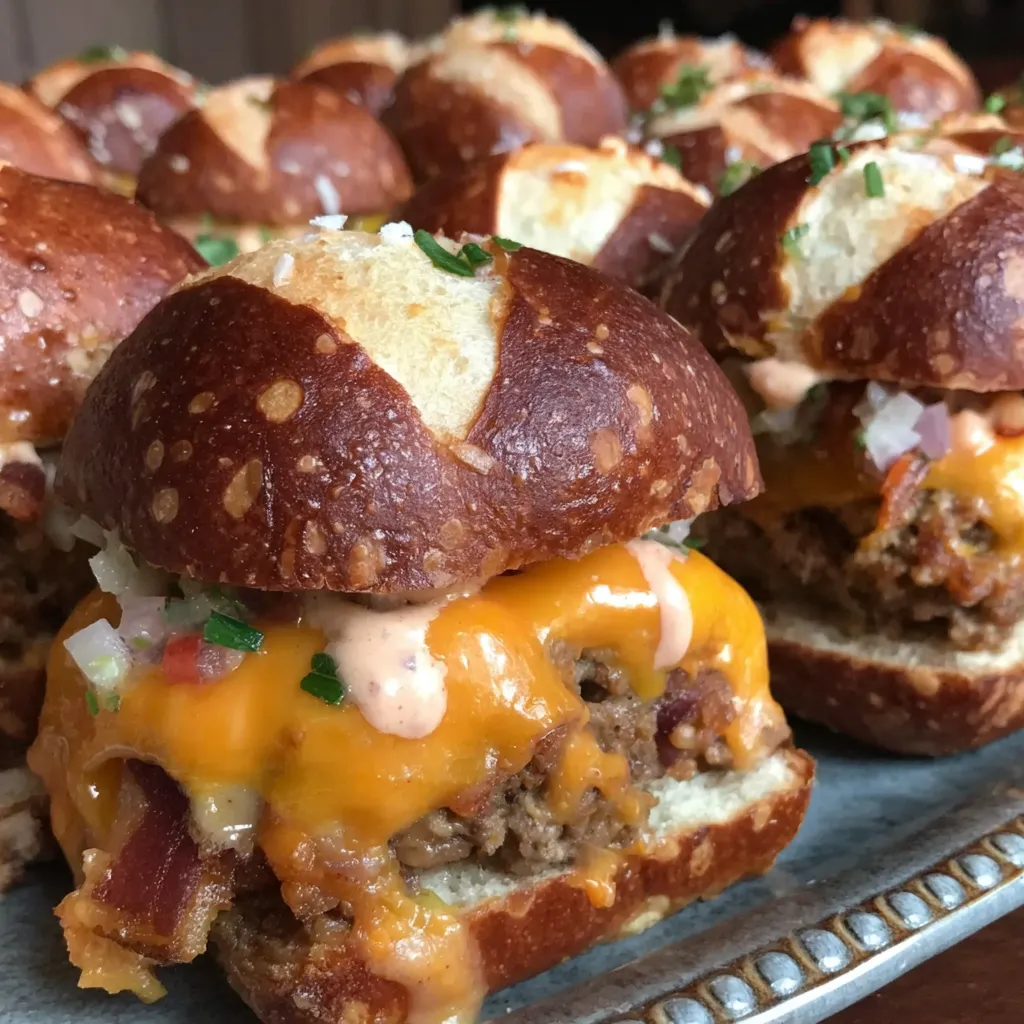 Bacon cheeseburger sliders on pretzel buns.