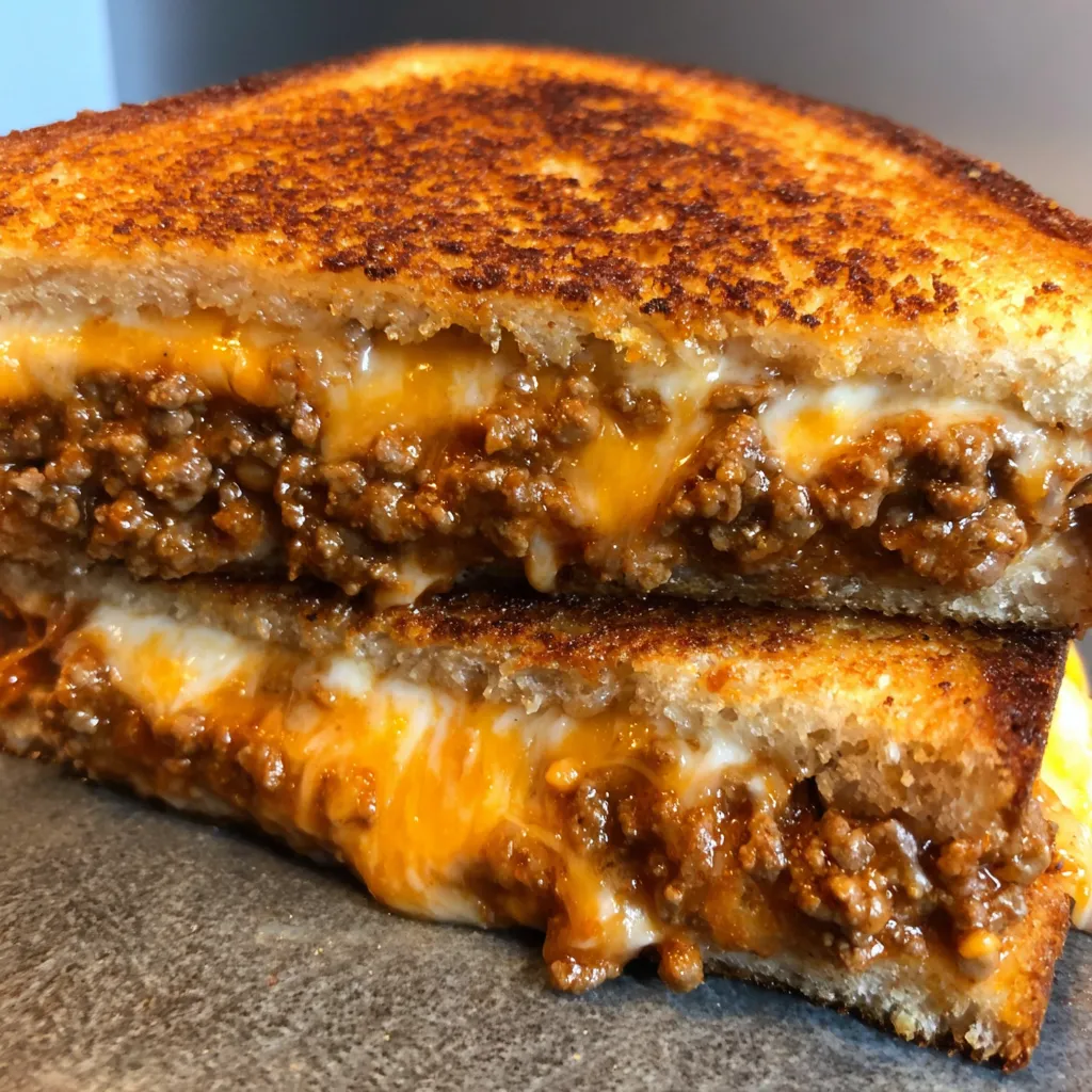 A grilled cheese sandwich with sloppy joes.