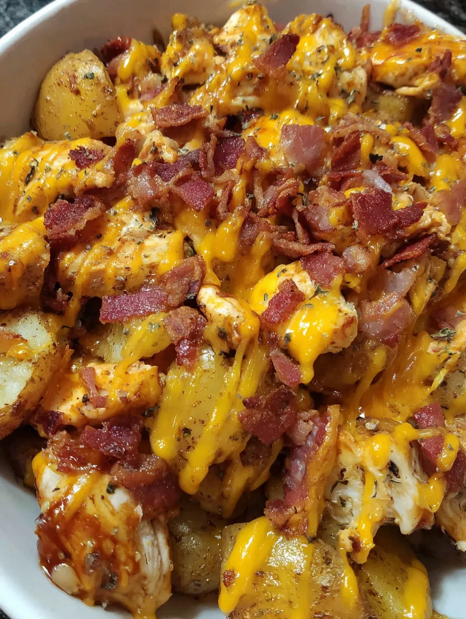 A plate of cheesy BBQ chicken and potatoes.