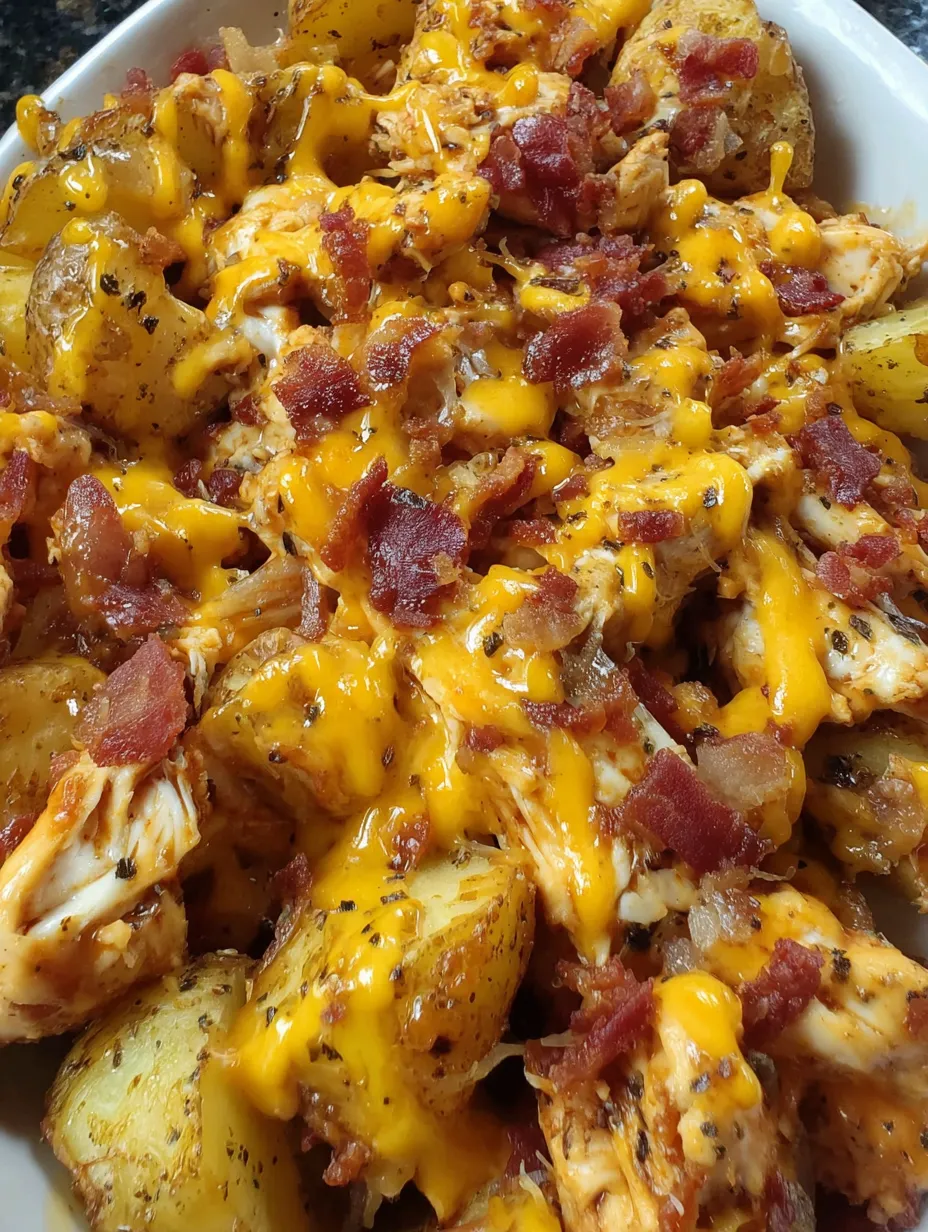 A plate of cheesy BBQ chicken and potatoes.