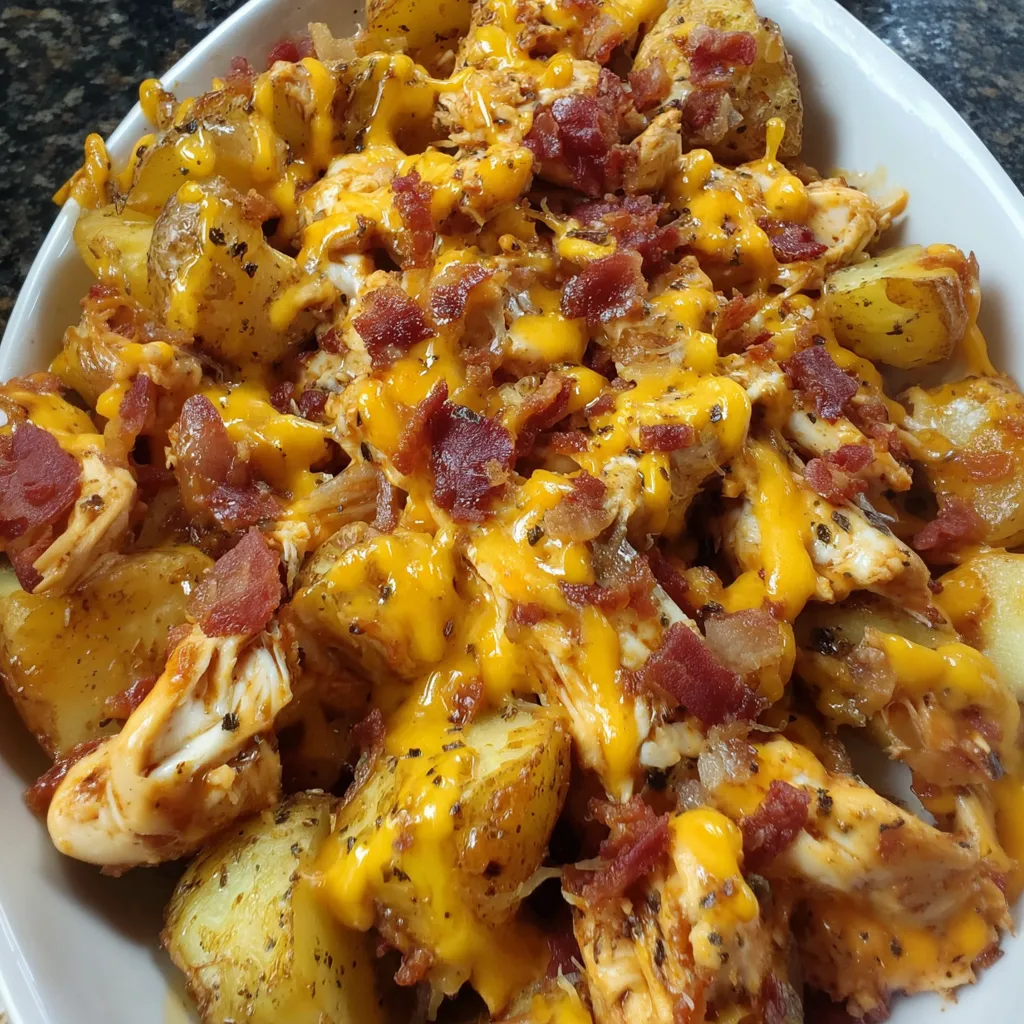 A plate of cheesy BBQ chicken and potatoes.