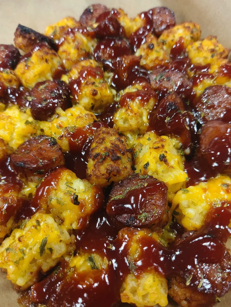 A plate of cheesy tater tots with BBQ smoked sausage.