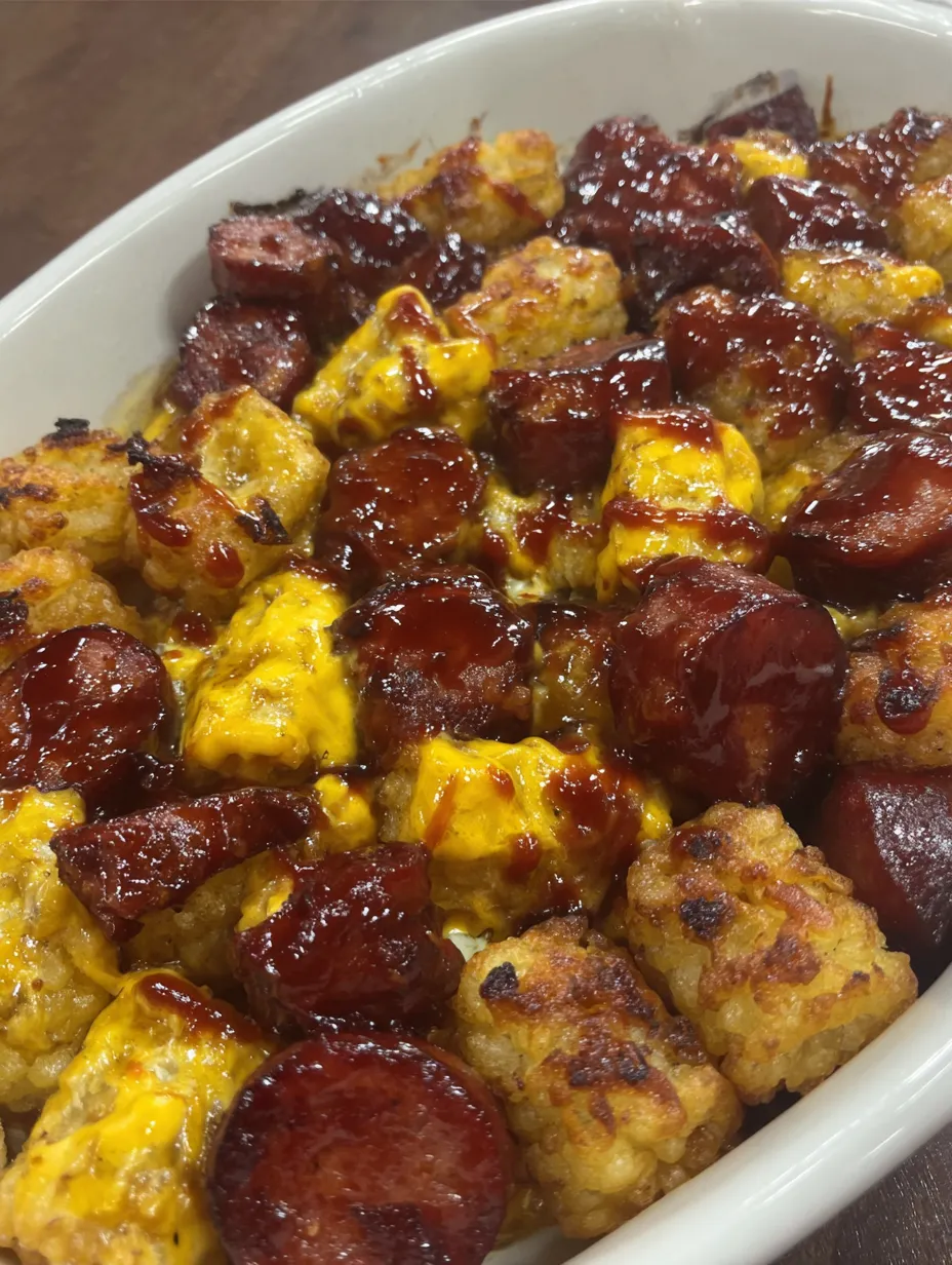 A dish of cheesy tater tots with BBQ smoked sausage.