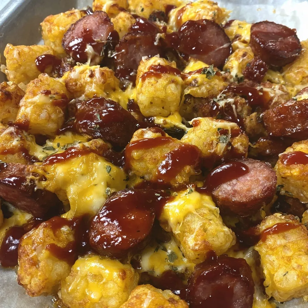 A plate of cheesy tater tots with BBQ smoked sausage.