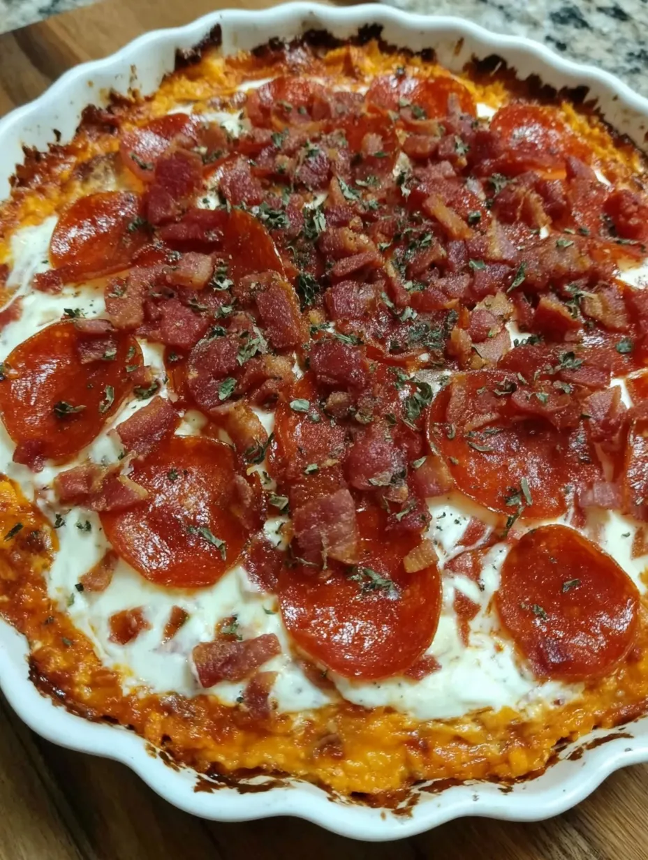 A pizza dip with pepperoni and cheese.