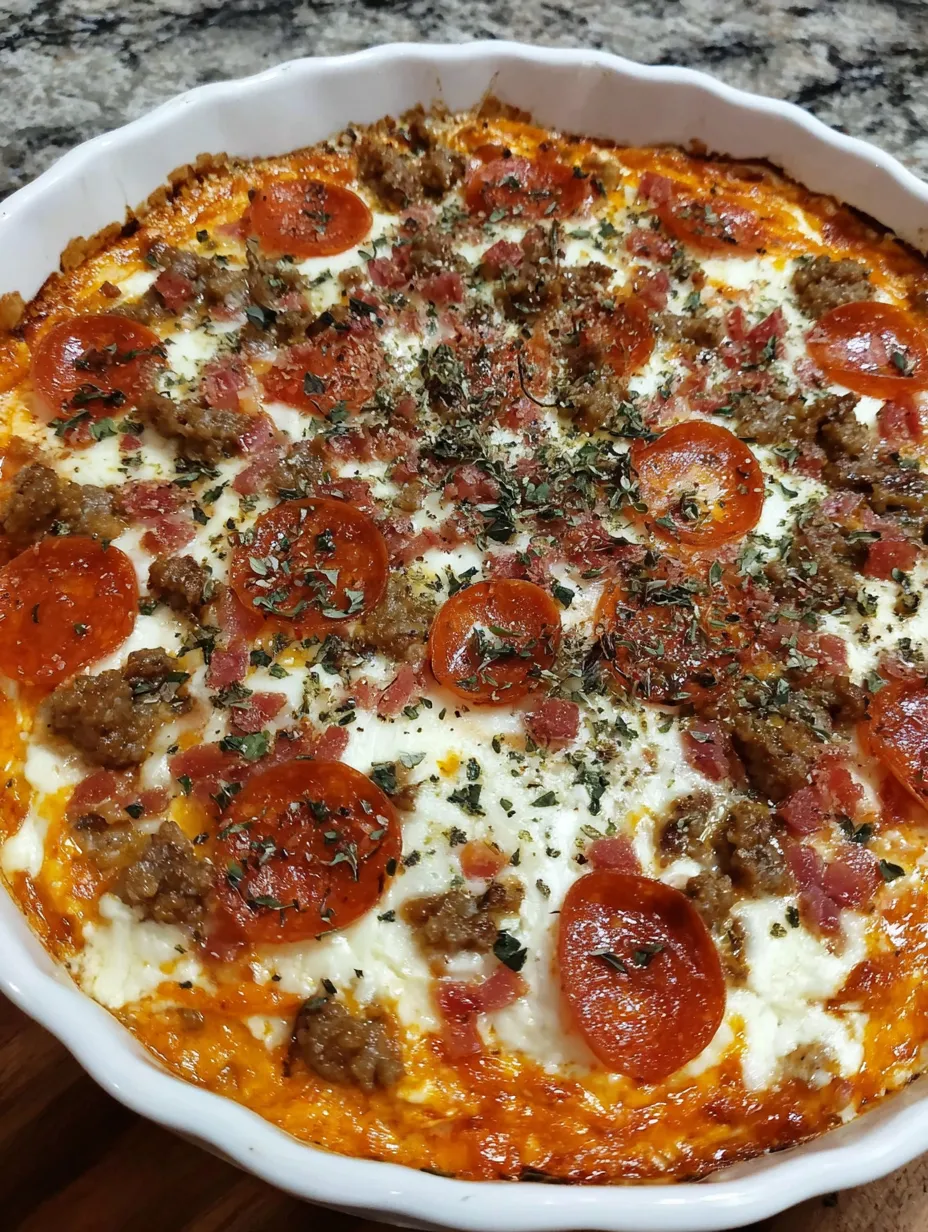 A pizza dip with pepperoni and cheese.