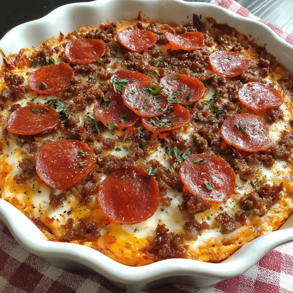 A white bowl filled with pizza dip.