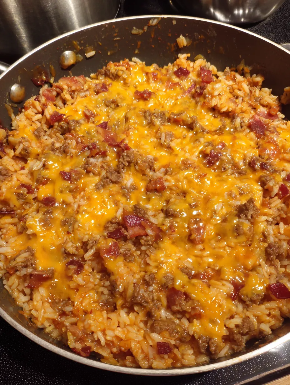 A close up of a one pot bacon cheeseburger rice dish.