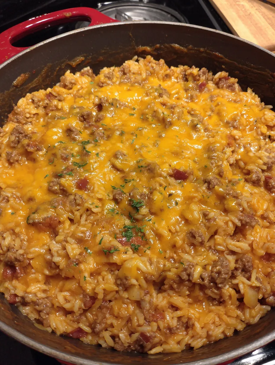 A delicious one pot bacon cheeseburger rice.