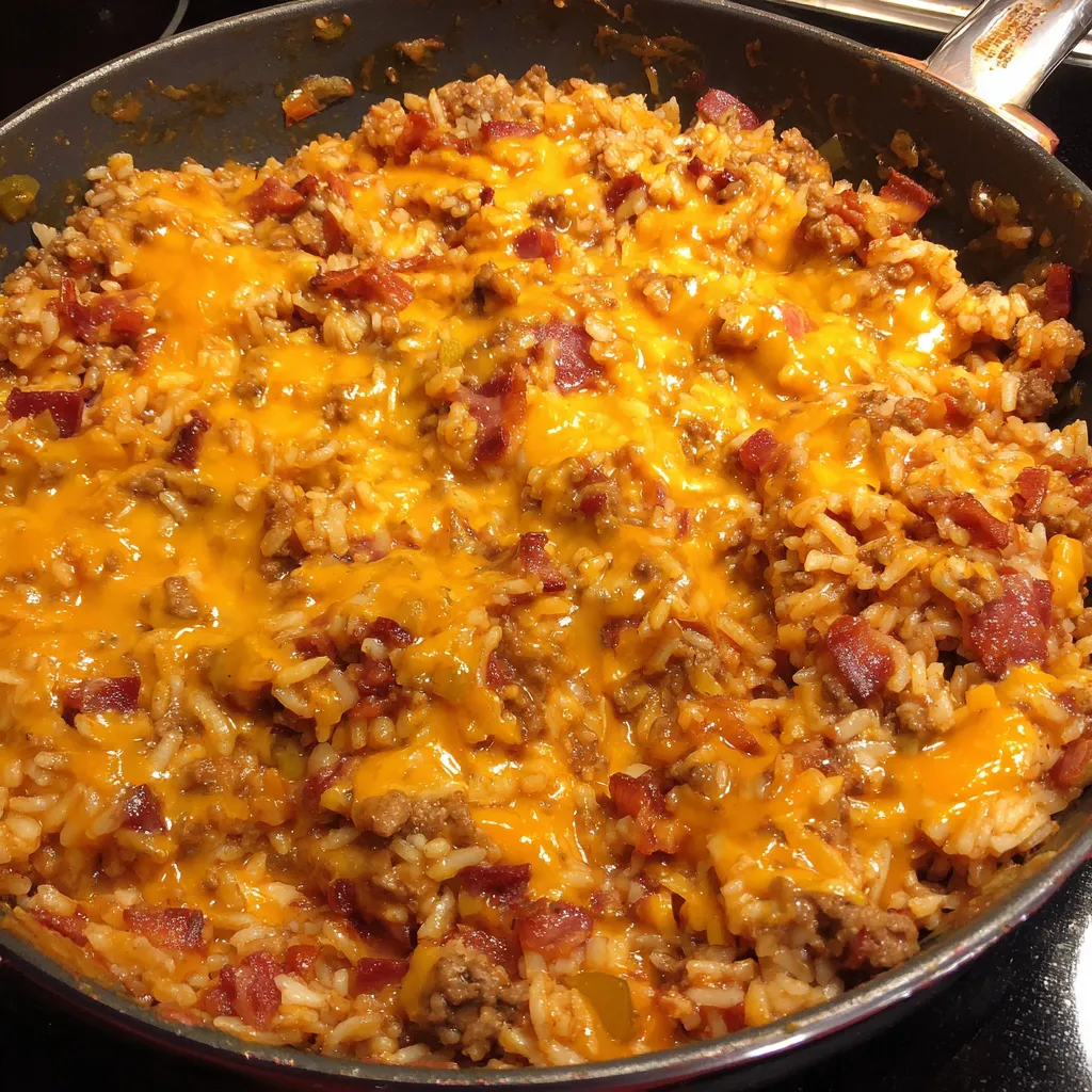 A one pot bacon cheeseburger rice dish.