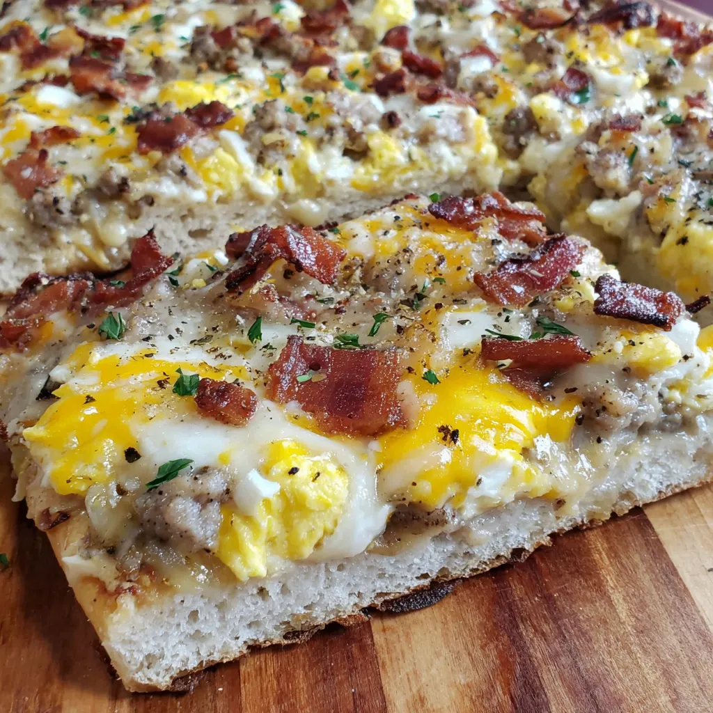 A slice of bacon and egg pizza.