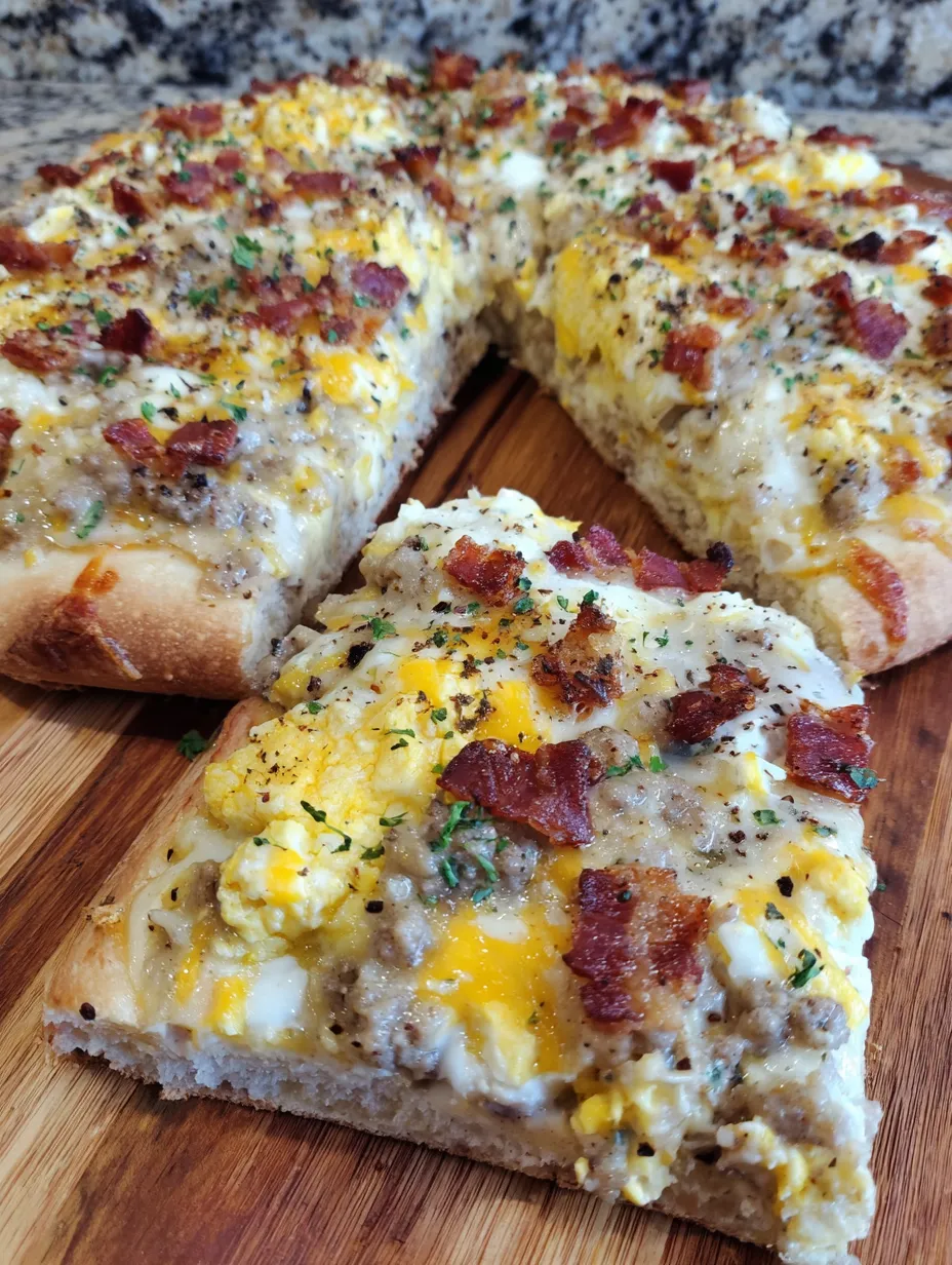 A slice of breakfast pizza with cheese and bacon.