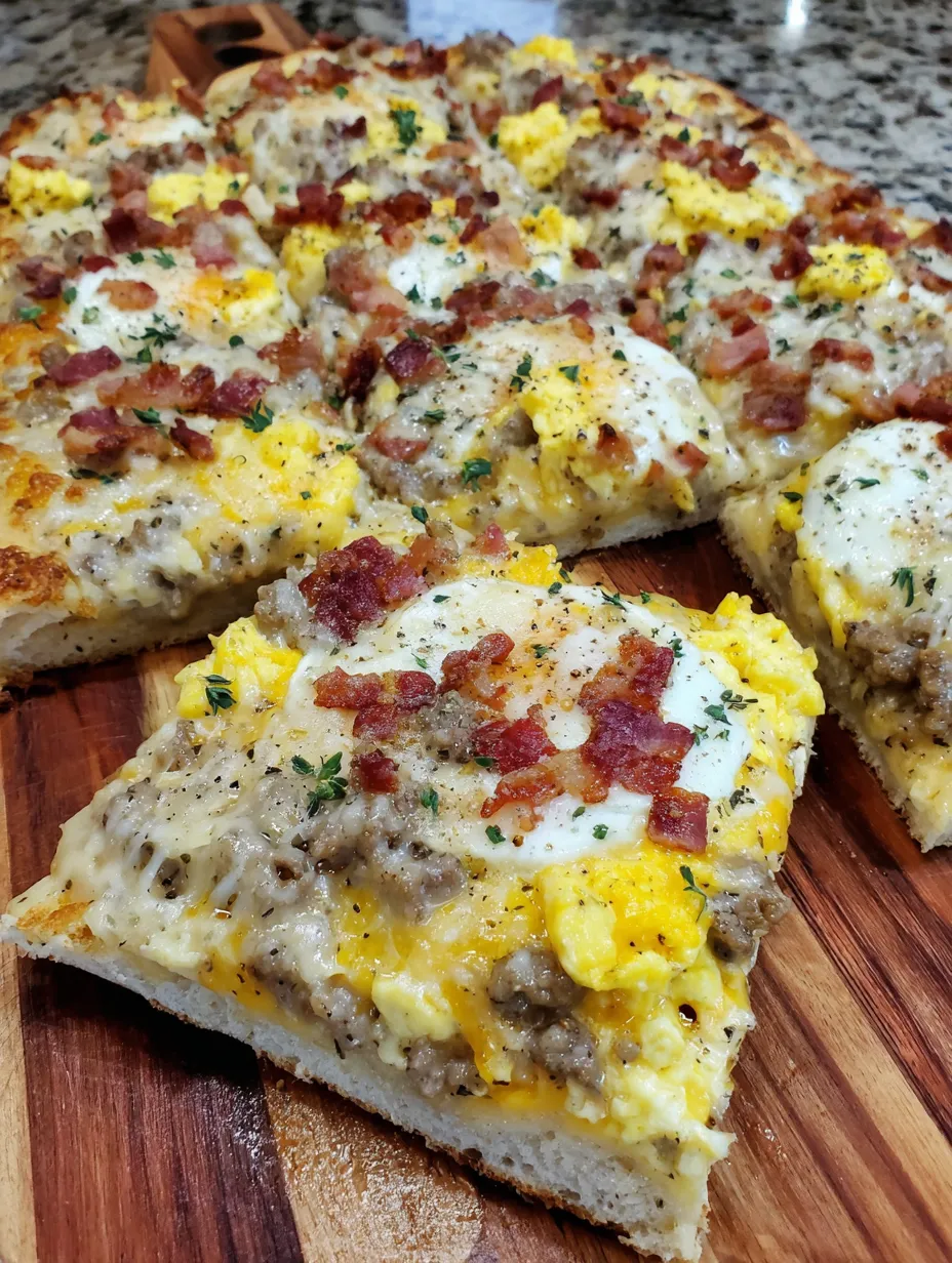 A breakfast pizza with bacon and eggs.