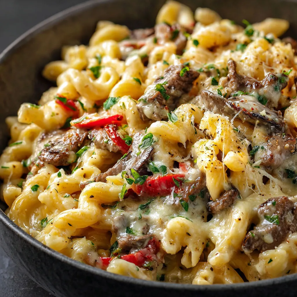 A bowl of pasta with meat and vegetables.