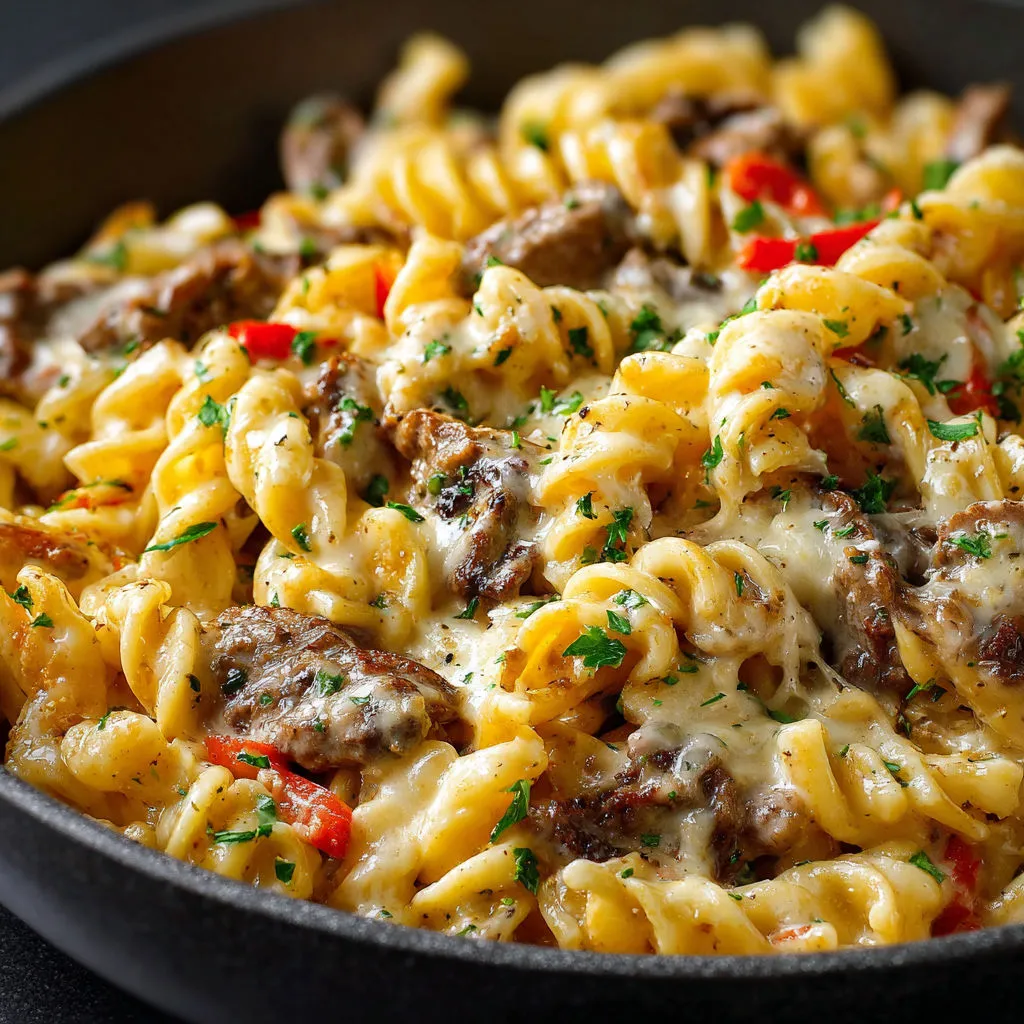 A bowl of pasta with meat and cheese.