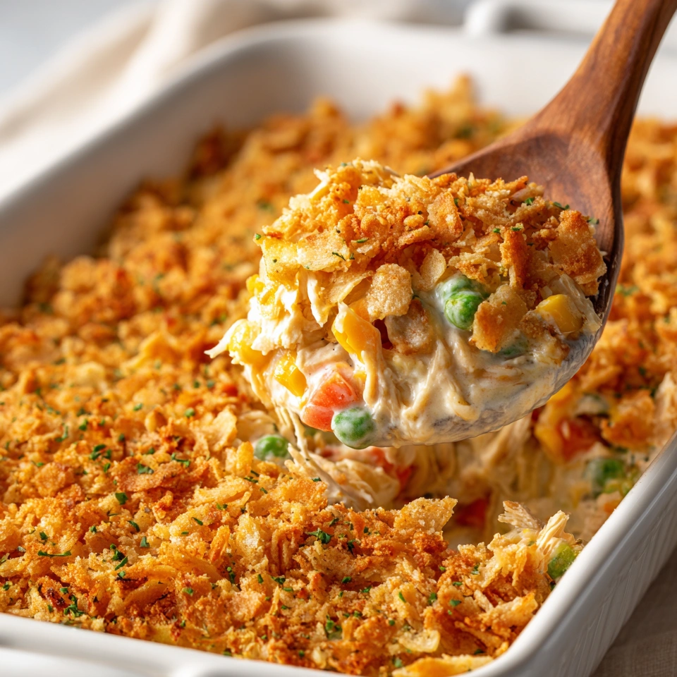 A wooden spoon is scooping up a piece of chicken casserole.