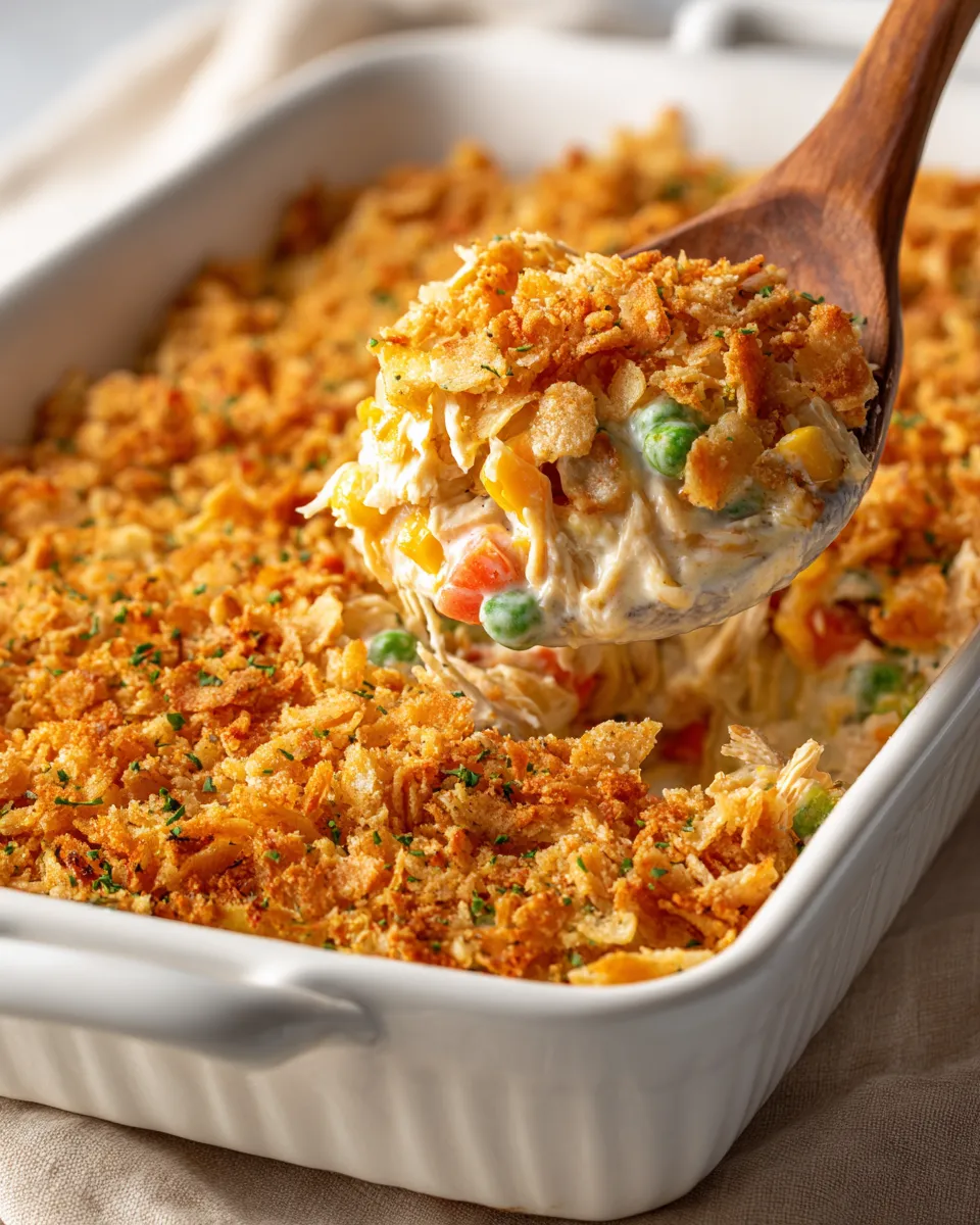 A wooden spoon is scooping up a piece of chicken casserole.