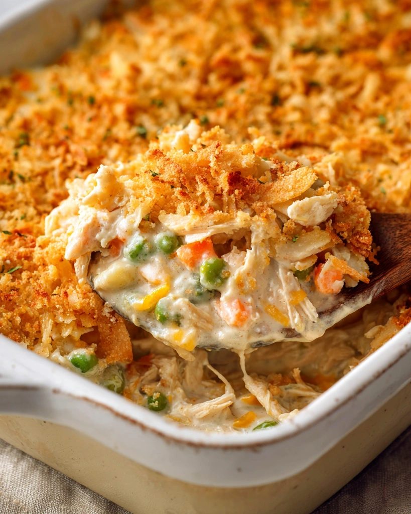 A wooden spoon is in a Million Dollar Chicken Casserole.