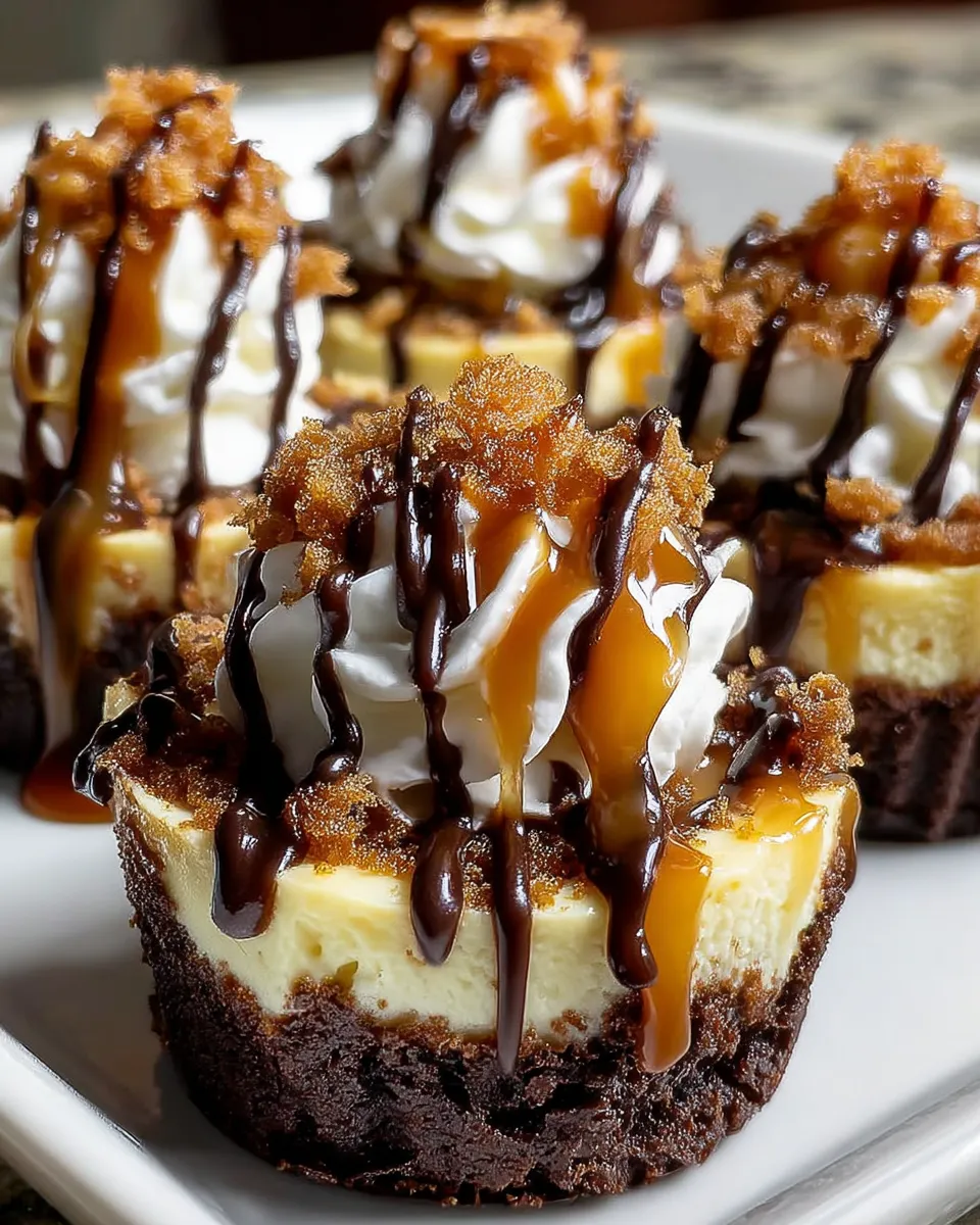 A close up of a loaded brownie cheesecake cup.