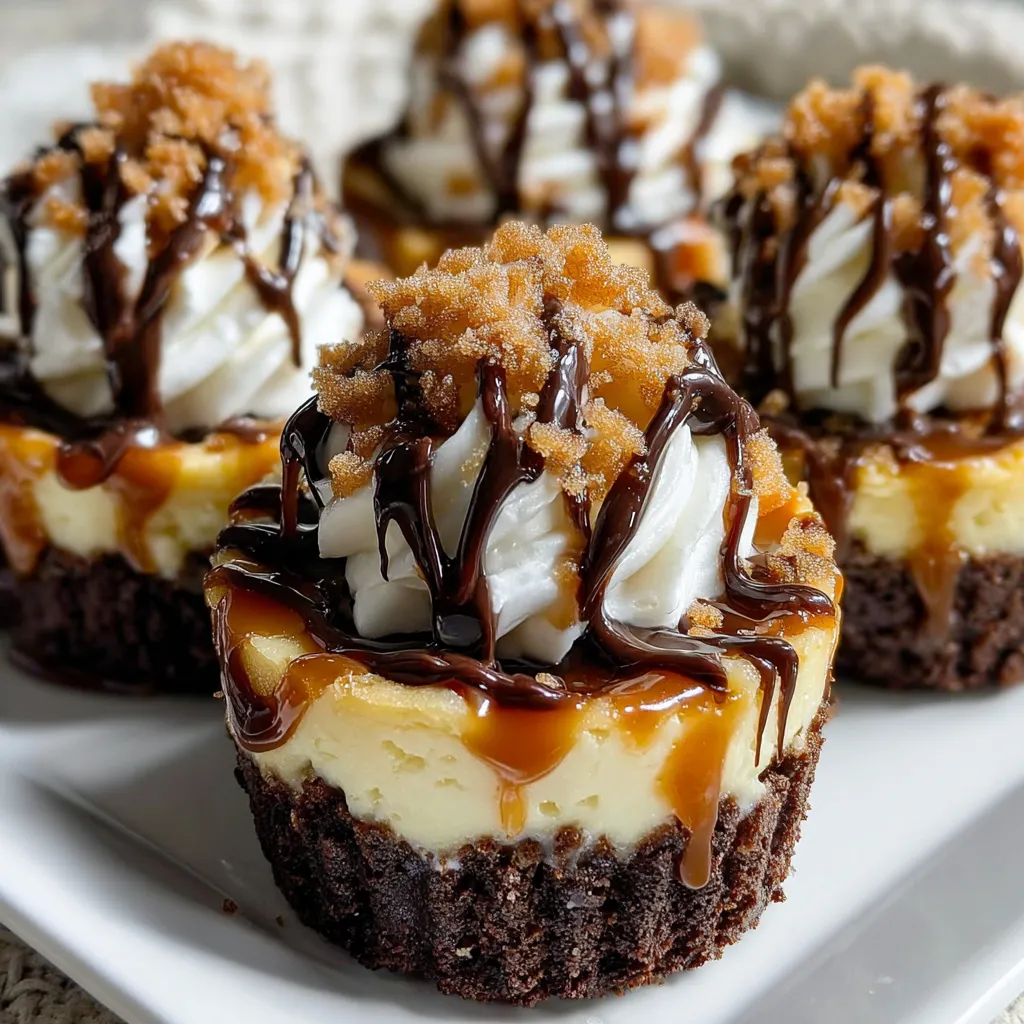A plate of cheesecake cups with chocolate and caramel drizzles.