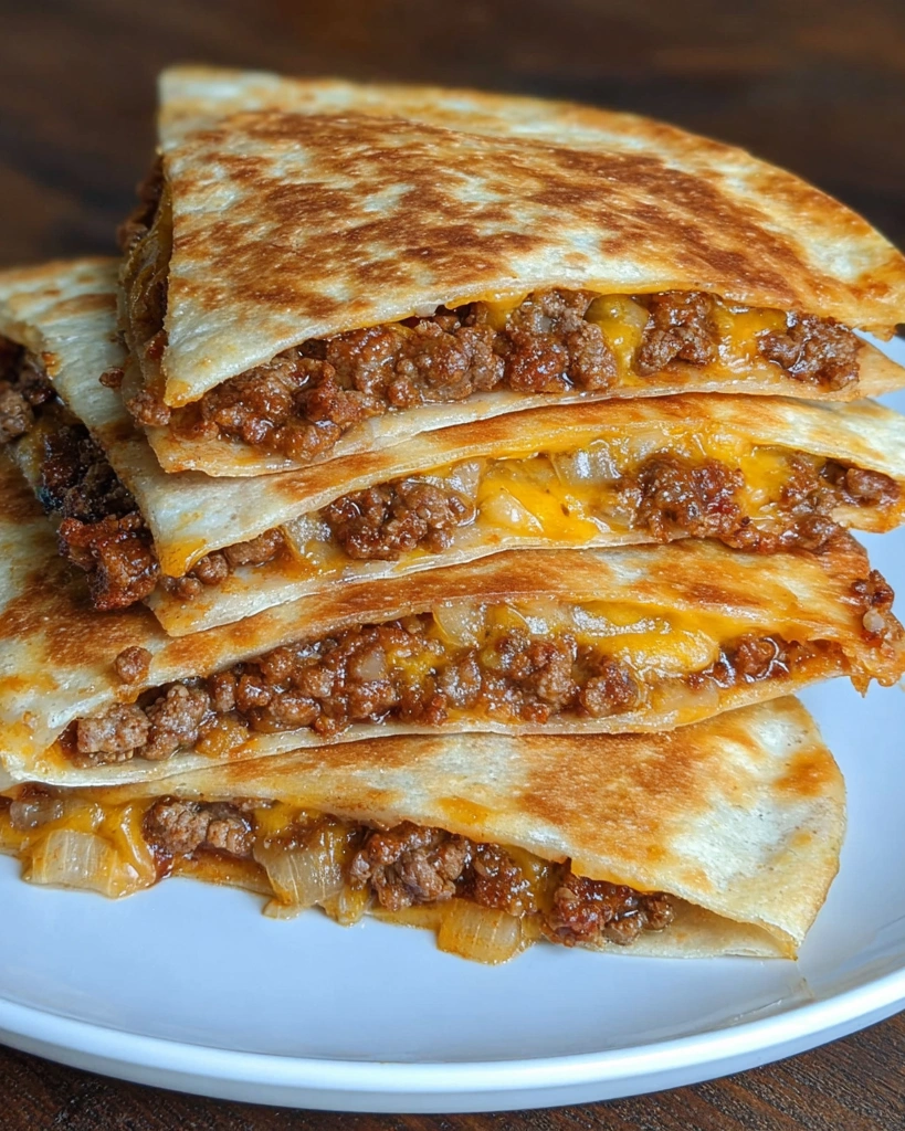 A stack of bacon cheeseburger quesadillas.