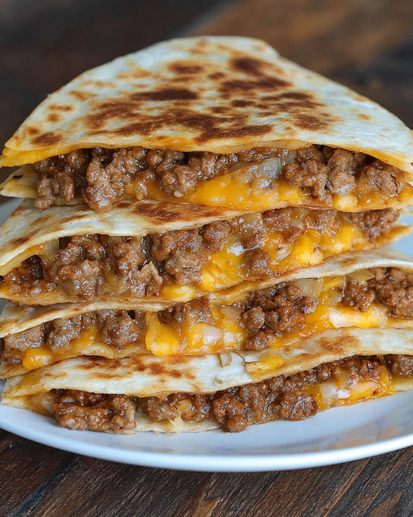 A stack of bacon cheeseburger quesadillas.