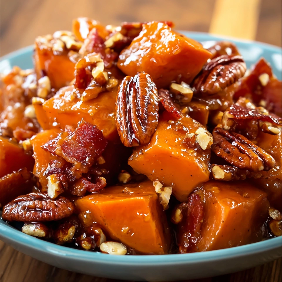 A bowl of candied yams with bacon and pecans.