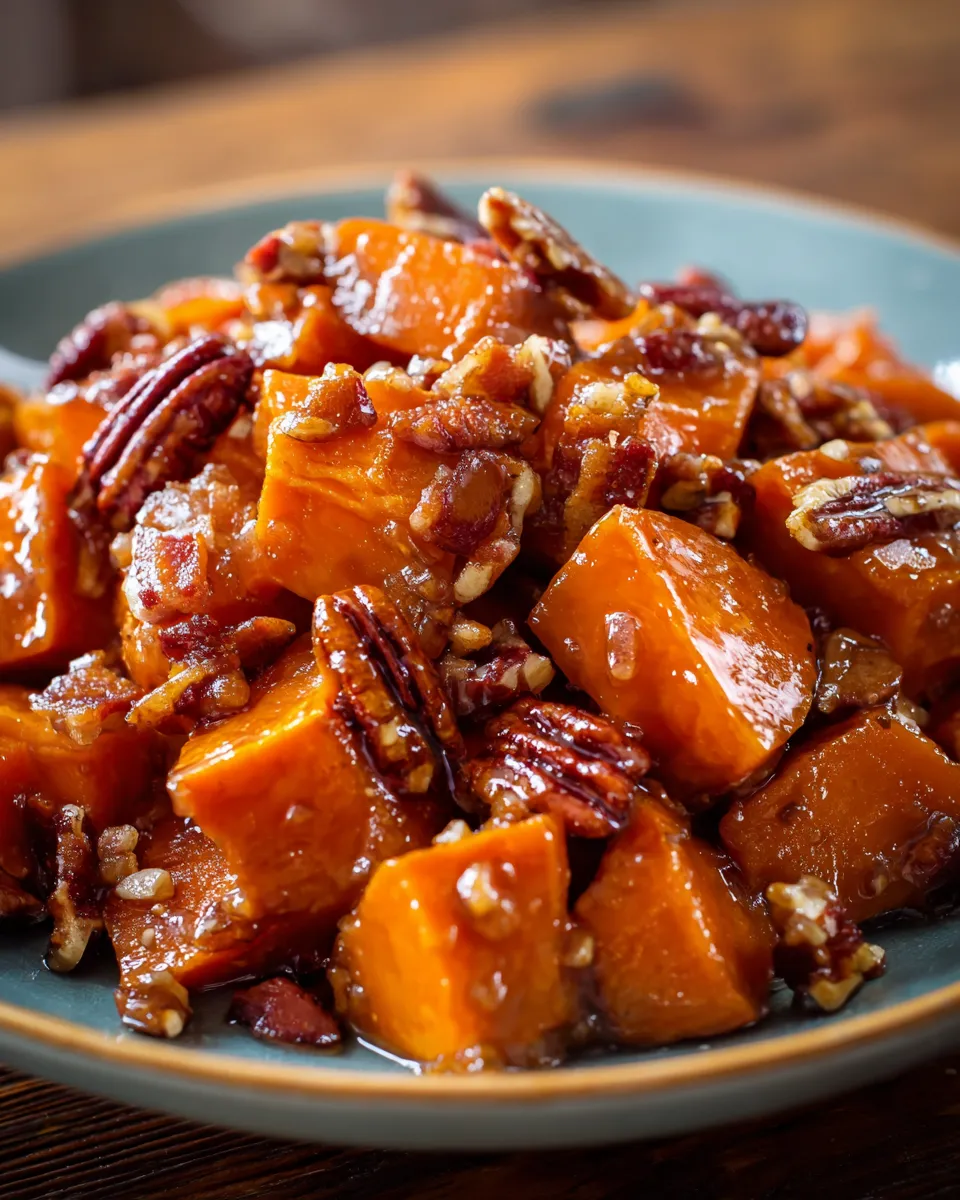 A plate of candied yams with bacon and pecans.