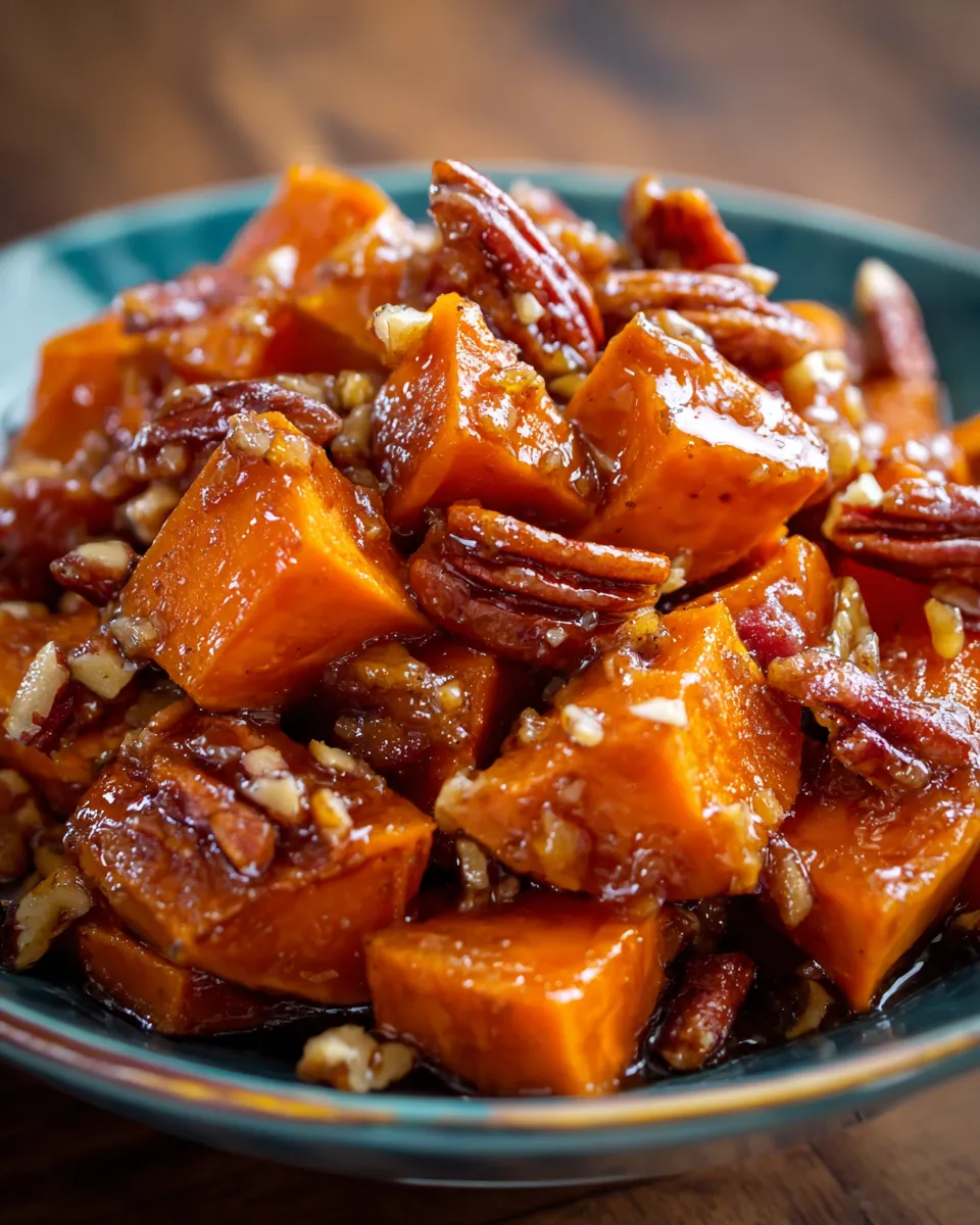 A plate of candied yams with bacon and pecans.